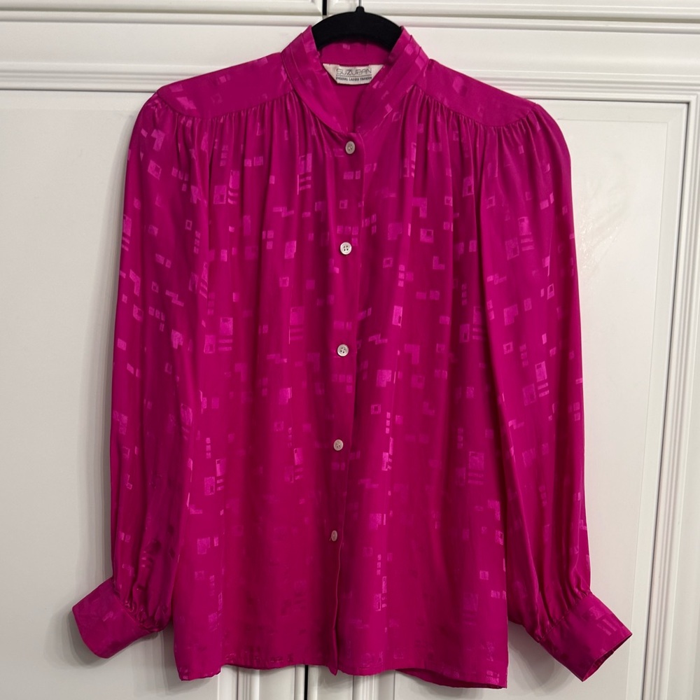 Suzuran Size 11 Fuchsia 100% Silk Vintage Style Blouse with Tone on Tone Pattern